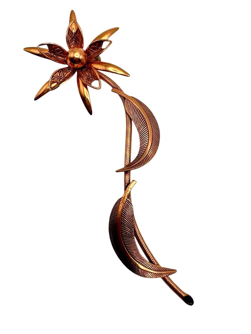 Vintage Copper Flower Pin Long Stem Detailed Leaves Mid Century Modern Brooch